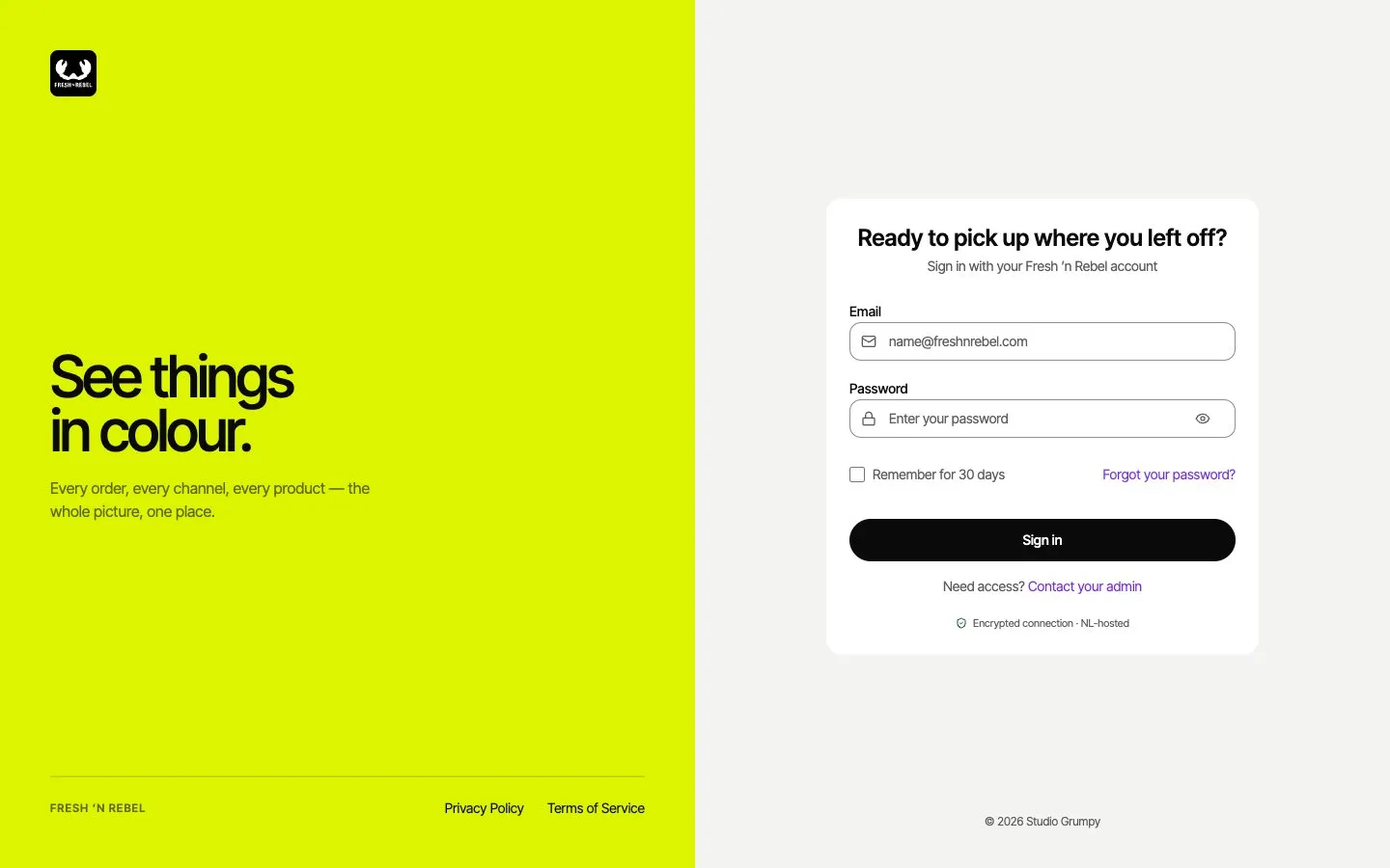 Login screen of the Fresh 'n Rebel eCom Dashboard